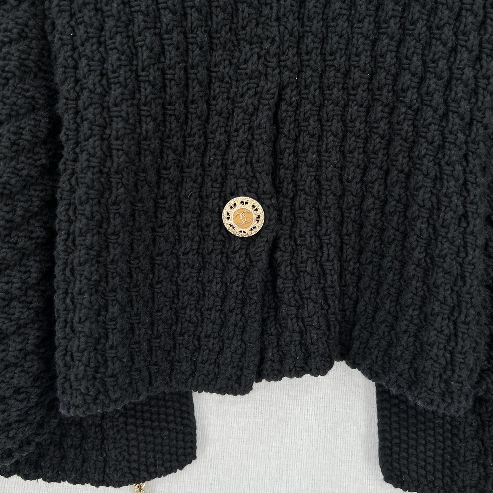 CHANEL 2010 Sweater Womens 34 Black Chain Details Open Cardigan Cotton Chunky - Picture 10 of 16